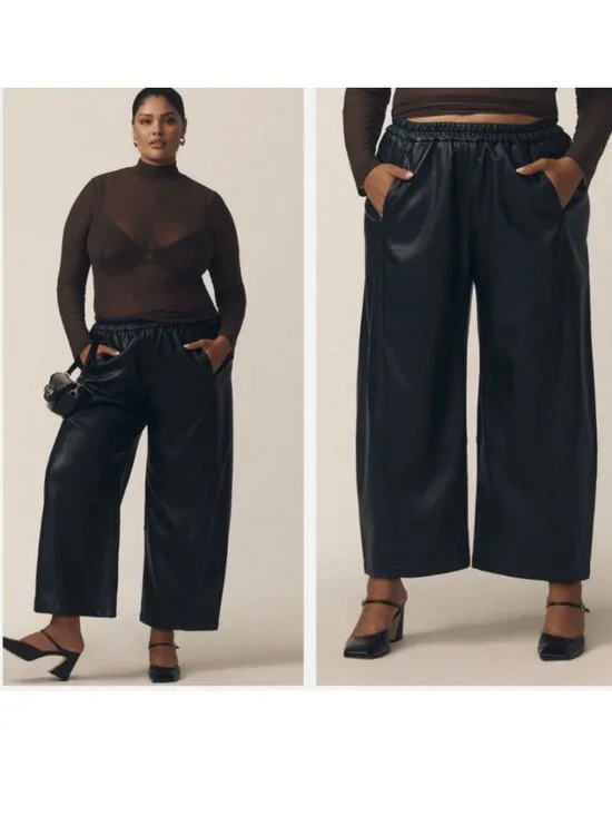 PILCRO Anthropologie Izzie Relaxed Pull-On BlackBarrel Pants Faux Leather Size M - Picture 2 of 13